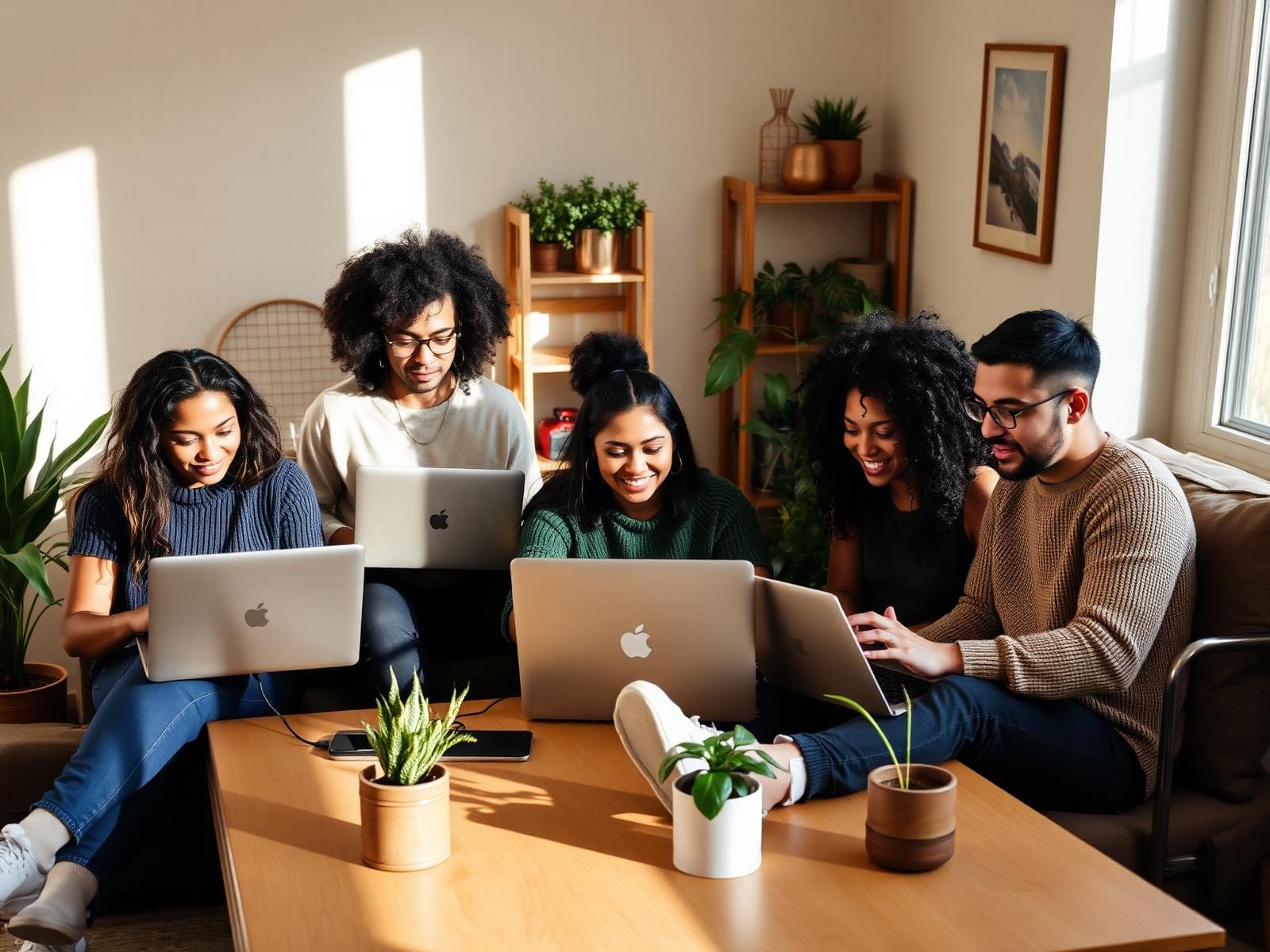 Diverse American remote team collaborating on laptops in a warm home office